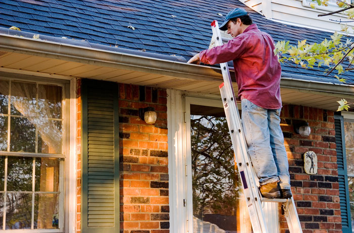 homeowner on ladder cleaning gutters and roof in grand rapids michigan